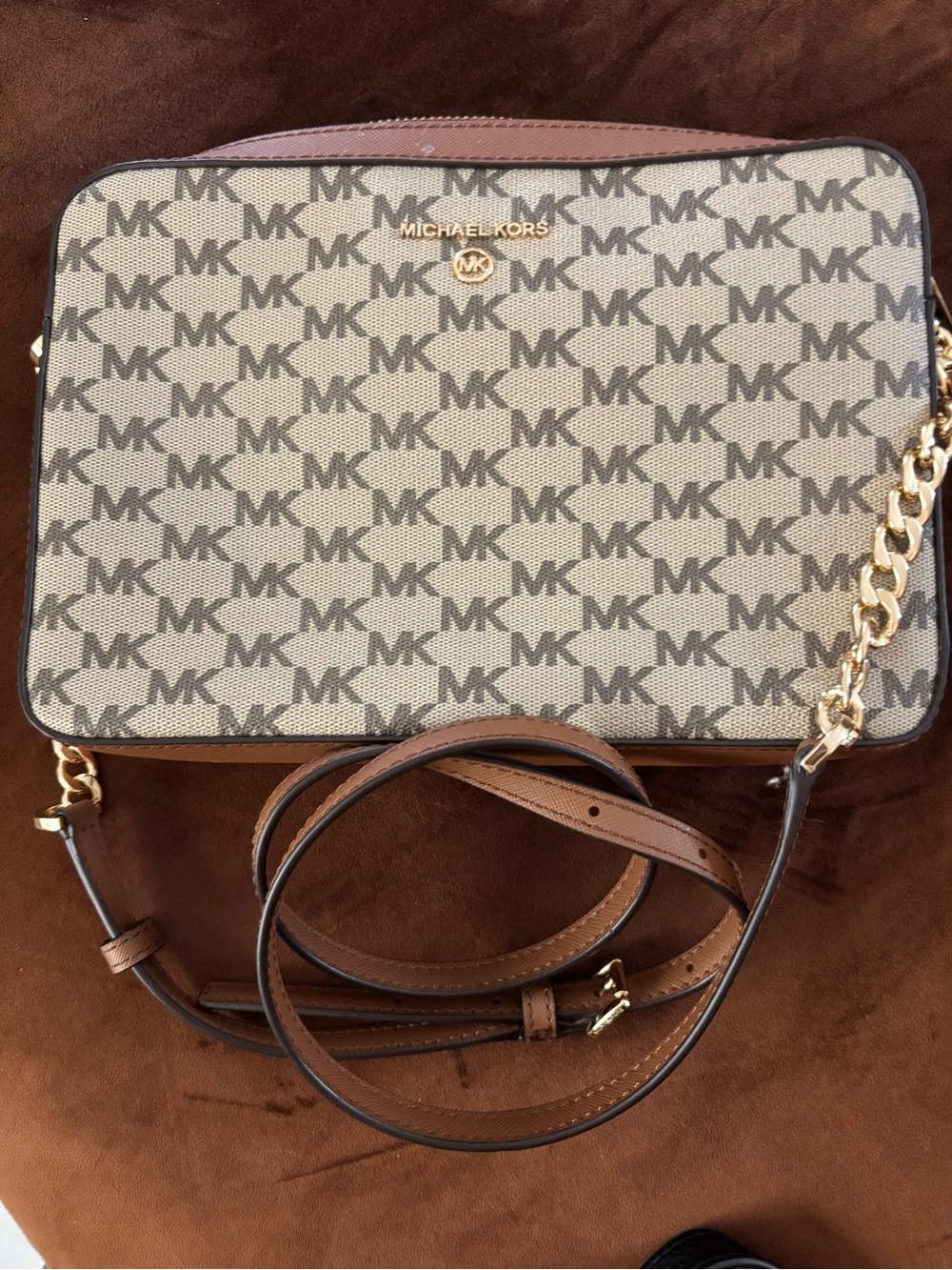 Michael Kors Beige/Brown MK Logo Crossbody Bag with Gold Hardware